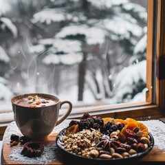 Canvas Print - A white mug with a hot beverage sits next to a plate of dried fruit