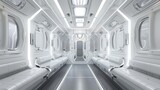 Futuristic interior, likely of a spacecraft or high-tech vehicle, characterized by a series of white, leather-like seats aligned along both sides of a central aisle