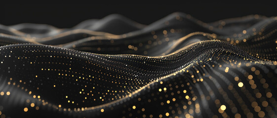 Wall Mural - cyber data abstract background, dark digital space with black shiny waves and lights. theme of netwo