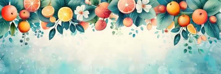 Watercolor Illustration of Fresh Fruit and Flowers Hanging From Branches