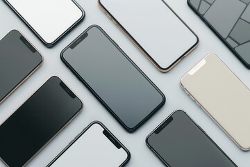 Aufkleber - A collection of modern smartphones arranged at various angles on a clean white surface. This image is perfect for showcasing mobile technology and smartphone accessories. Generative AI