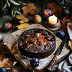 Sticker - A cake with a lit candle on top of a wooden cutting board