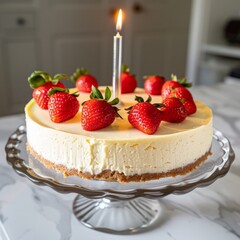 Sticker - A white cheesecake with strawberries and a lit candle on top