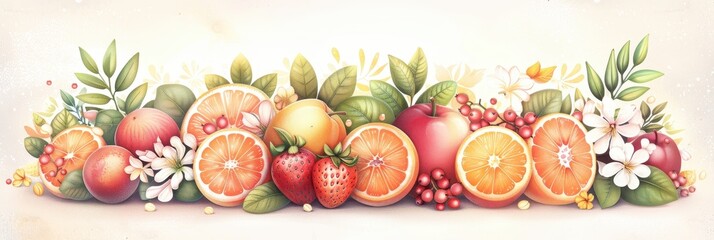 Wall Mural - A Colorful Arrangement of Fresh Fruit and Blossoms