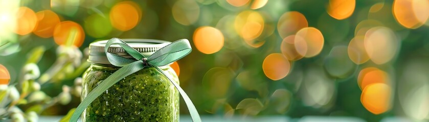 A jar of homemade pesto sauce decorated with a green ribbon, set against a colorful bokeh background, perfect for festive cooking themes.