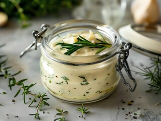 Close-up of a jar of creamy garlic and herb sauce with a sprig of rosemary on top, placed on a rustic kitchen counter.