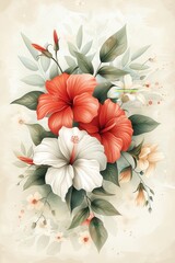 Wall Mural - Elegant Red And White Hibiscus Flower Bouquet Illustration