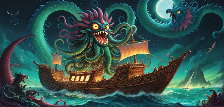 Illustrative depiction of a mythical sea monster that makes the oceans unsafe and is told in old sailor’s tales