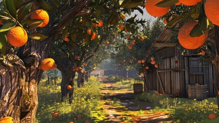 A peaceful scene of an orange grove with a small house in the ba