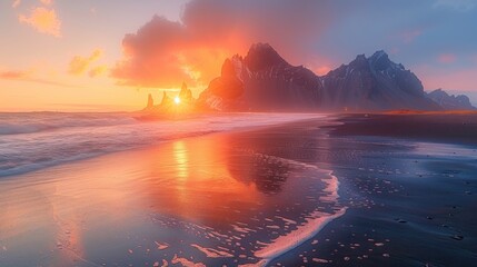 Sticker - Icelandic Black Sand Beach with Sunset