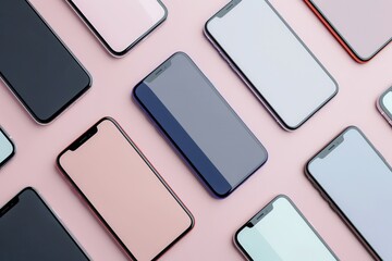 A flat lay of several modern smartphones arranged at different angles on a pink surface. Perfect for mobile technology and smartphone accessory companies. Generative AI