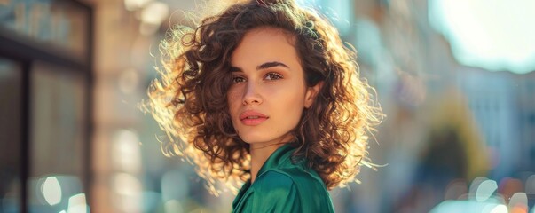 Wall Mural - A vibrant portrait of a young woman with curly hair, smiling confidently while standing on a sunlit city street.