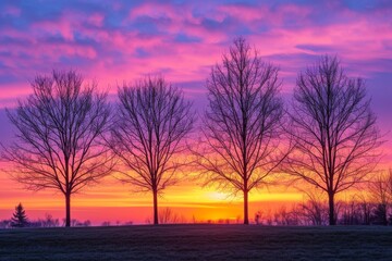 Wall Mural - Vibrant Sunset Behind Four Bare Trees in Winter