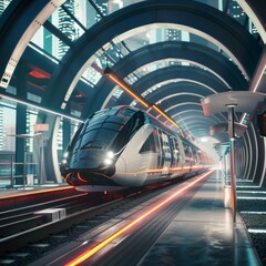 Wall Mural - A futuristic train is traveling through a tunnel in a city