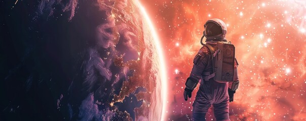 Wall Mural - A mesmerizing illustration of a spaceman floating in the vastness of space, with a distant planet glowing in the background.