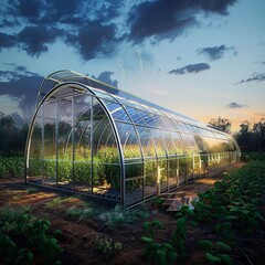 Sticker - A greenhouse with a large glass roof and a lot of plants inside