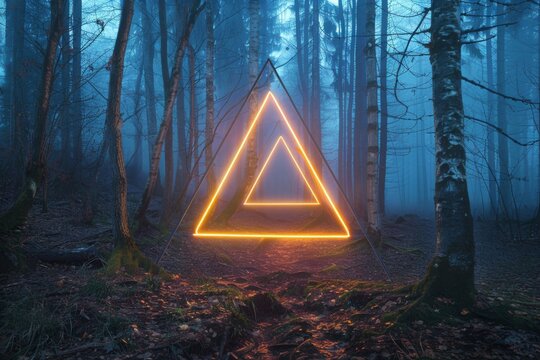 Futuristic Illuminated Triangle in Misty Forest