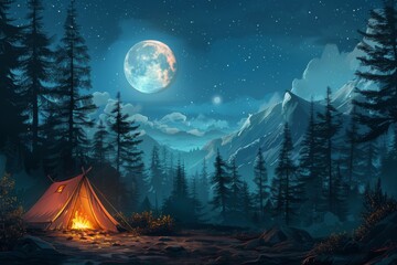 Wall Mural - Majestic Nighttime Camping Scene