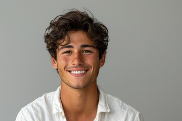 Wall Mural - Young Man Smiling Against Gray Background