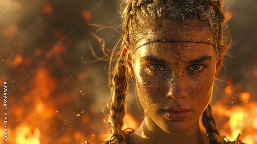An intense warrior woman with braided hair and a scarred face prepares ...