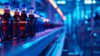 © Emil - Conveyor belt, juice in bottles, beverage factory interior in blue color, industrial production line.
