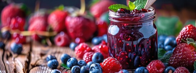 Wall Mural - berry jam and fresh berries. Selective focus
