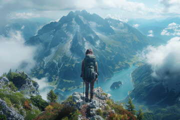 Wall Mural - A person hiking to the top of a mountain, taking in the breathtaking view. Concept of accomplishment and joy. Generative Ai.