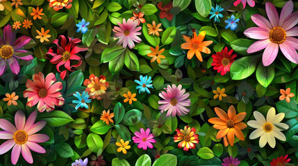 Various colorful flowers bloom among green leaves, featuring shades of pink, orange, red, yellow, and blue, creating a lively and vibrant scene.