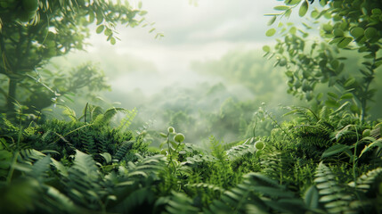 Poster - A lush green forest with a foggy mist in the background