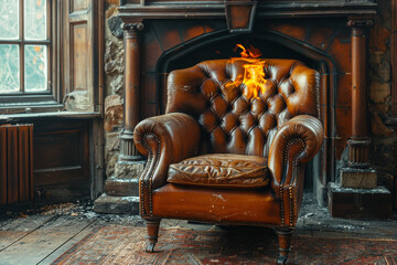 Sticker - A well-worn leather armchair beside a roaring fireplace. Concept of comfort and timeless interior design. Generative Ai.