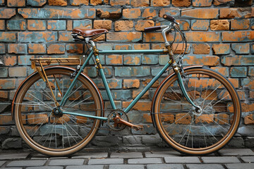 Poster - An old-fashioned bicycle leaning against a brick wall. Concept of vintage transportation and simple pleasures. Generative Ai.