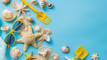Wall Mural - hat, glasses, children's toys, sand, shells on a blue background. Selective focus