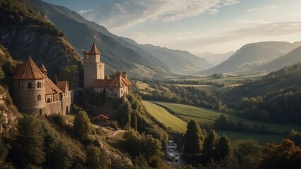 Wall Mural - Fantastic castle landscape on romantic sky background