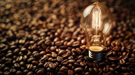 Wall Mural - Creative Photography Concept with Light Bulb on Coffee Beans Background for Relaxation Concept