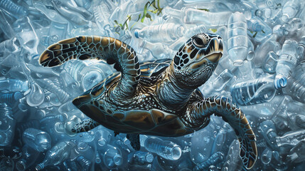 Wall Mural - A turtle swimming in a sea of plastic bottles