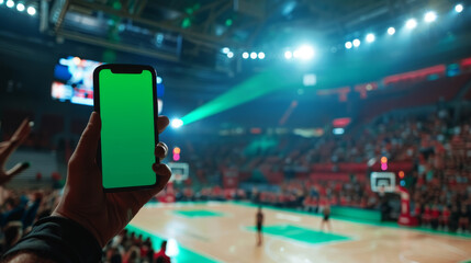 A person holding a green cell phone in a stadium full of people