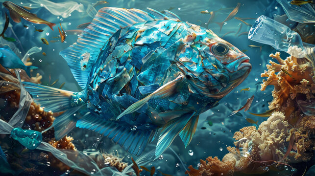 A fish is swimming in a plastic-filled ocean