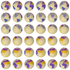 Wall Mural - Collection of globes. Slanted sphere view. Rotation step 10 degrees. Colored continents style. World map with sparse graticule lines on white background. Beauteous vector illustration.