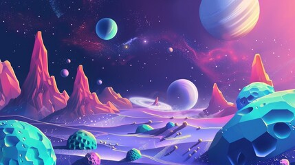 Wall Mural - Colorful web banner for outer space in modern isometric style