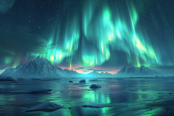 The northern lights dance across an arctic sky, showcasing auroras. Concept of polar weather and atmospheric displays. Generative Ai.