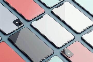 Aufkleber - A collection of modern smartphones, positioned at different angles on a blue background, showcasing their sleek design and functionality. Generative AI
