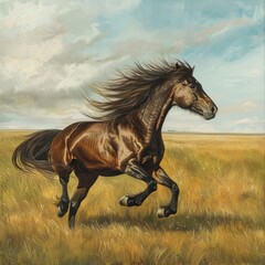 Poster - A horse is running in a field with a cloudy sky in the background