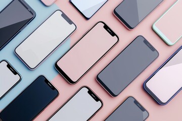 Aufkleber - A collection of modern smartphones arranged at various angles on a pink and blue background. Ideal for showcasing mobile technology and smartphone accessories. Generative AI