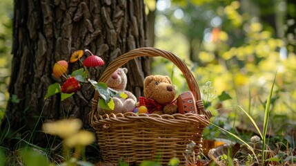 Canvas Print - Ecological toys in gold and red hues in a wooden basket next to a tree