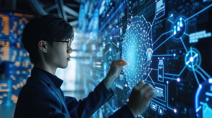 A man is using a computer screen to manipulate a digital project