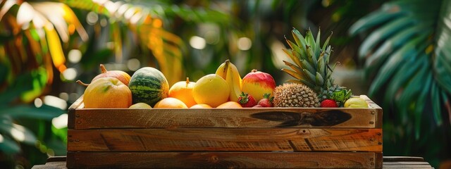Poster - tropical fruits in a wooden box. Selective focus