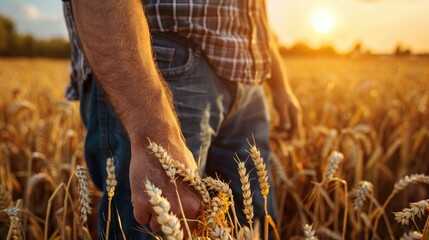 Sticker - farmer in a field of ripe wheat. Selective focus