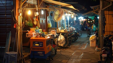 Portable Gasoline Generator Powering Vibrant Night Market Stall with Lights and Fan