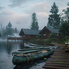 Sticker - A serene lake with a wooden dock and three canoes