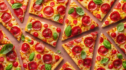 Wall Mural - delicious pepperoni pizza slices with fresh basil and cherry tomato toppings